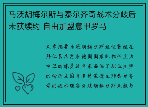 马茨胡梅尔斯与泰尔齐奇战术分歧后未获续约 自由加盟意甲罗马